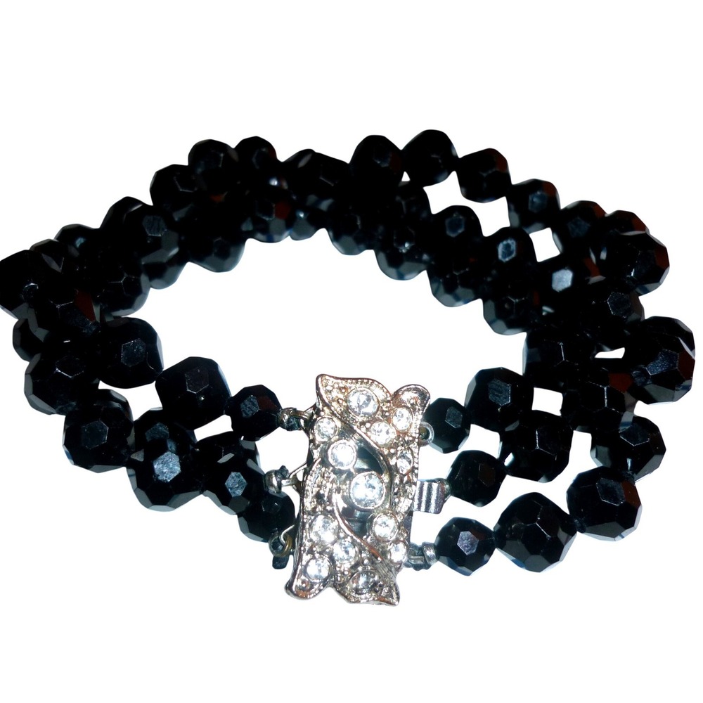 Vtg 3 Strand Black‎ Glass Bead Bracelet Art Deco Rhinestone Box Clasp French Jet
